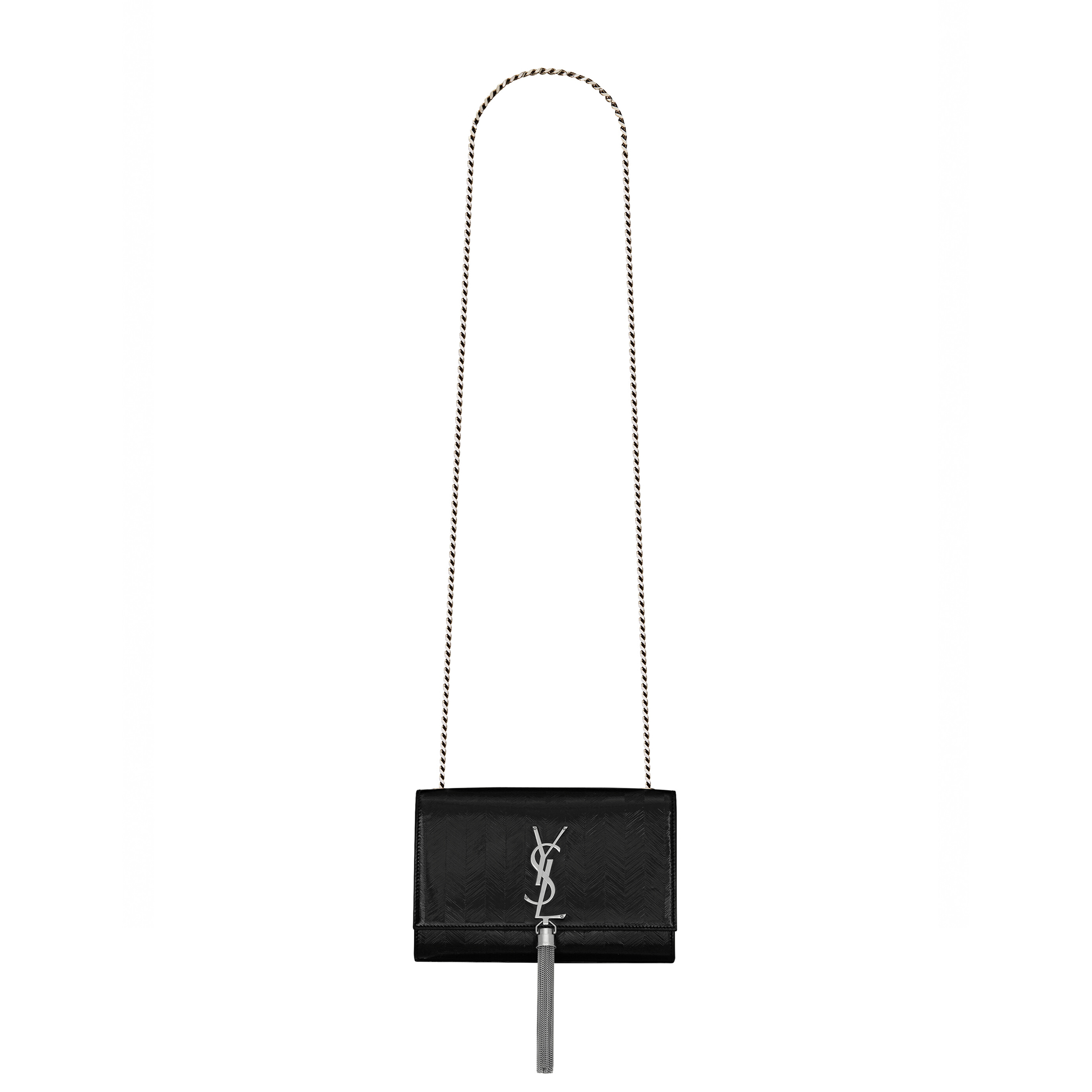 9997 YSL KATE SMALL CHAIN BAG WITH TASSEL IN CHEVRON PATENT LEATHER 474366AAAWI1000 (20*12.5*5cm)